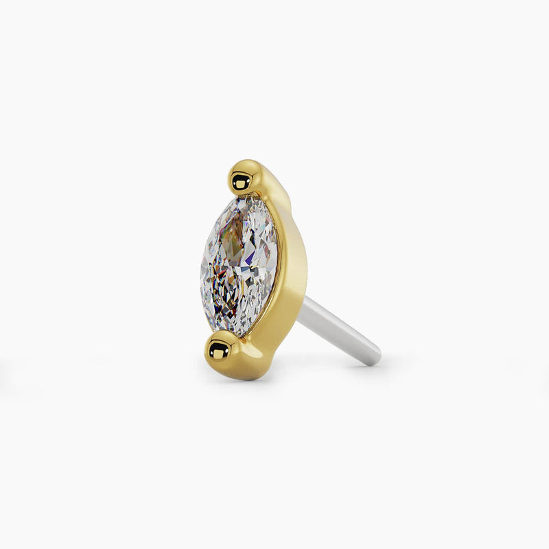 14k yellow gold VS1 marquise diamond threadless end, low side angle showing pin and setting depth