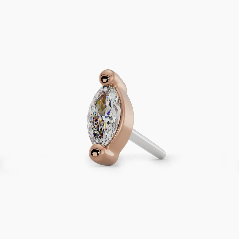 14k rose gold marquise diamond push pin end, alternate angled view showing stone and ball prongs