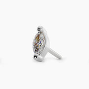 14k white gold marquise diamond pushpin nose ring end, angled view showing threadless pin and setting