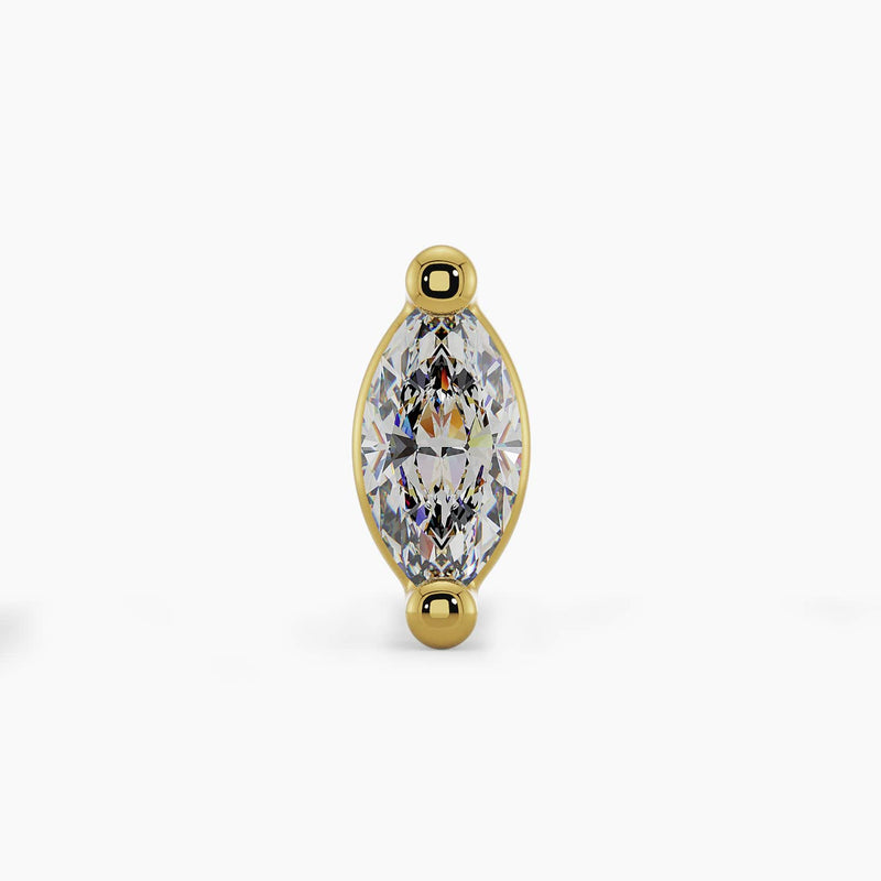 14k yellow gold VS1 marquise diamond threadless stud end, front view showing bezel setting