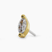 14k yellow gold 3mm marquise diamond threadless push-pin end, angled close-up showing prong setting and pin