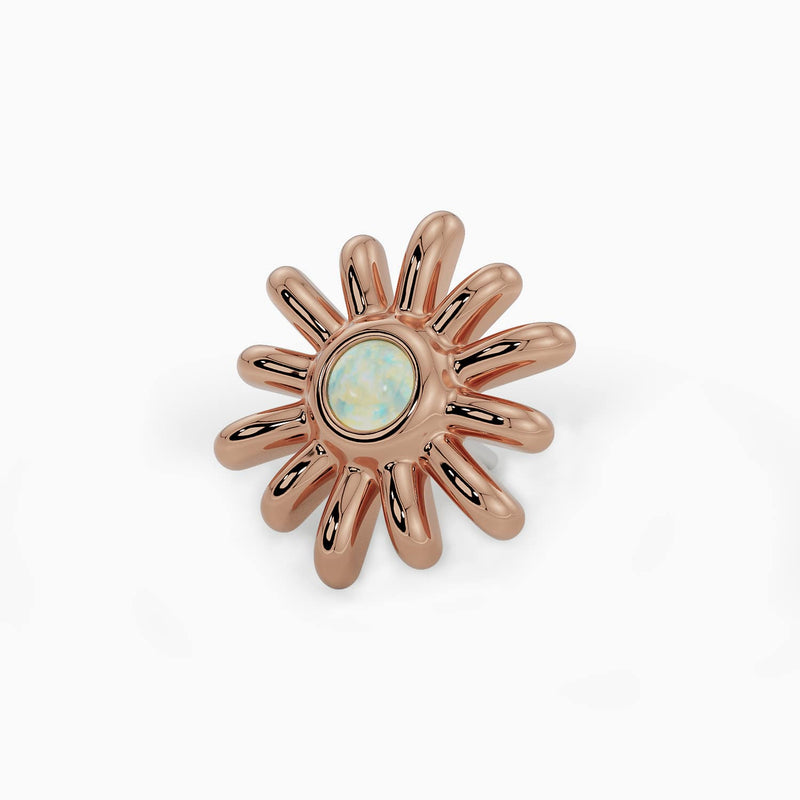 14k rose gold opal sun threadless piercing end with bezel-set opal center, front view