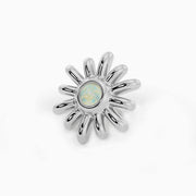 14k white gold opal sun threadless piercing end with iridescent opal center, front view