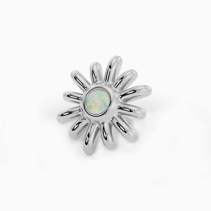 14k white gold opal sun threadless piercing end with iridescent opal center, front view