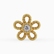 14k yellow gold open-petal daisy milgrain threadless end with diamond center, straight-on front view