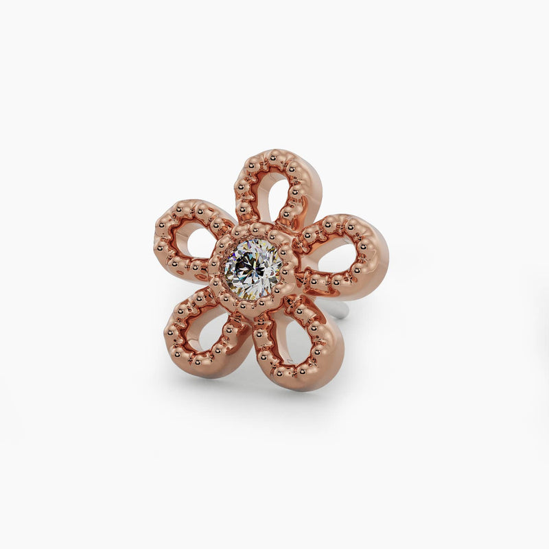 14k rose gold daisy milgrain threadless end with diamond center, angled front view