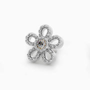 14k white gold daisy milgrain threadless end with diamond center, angled front view