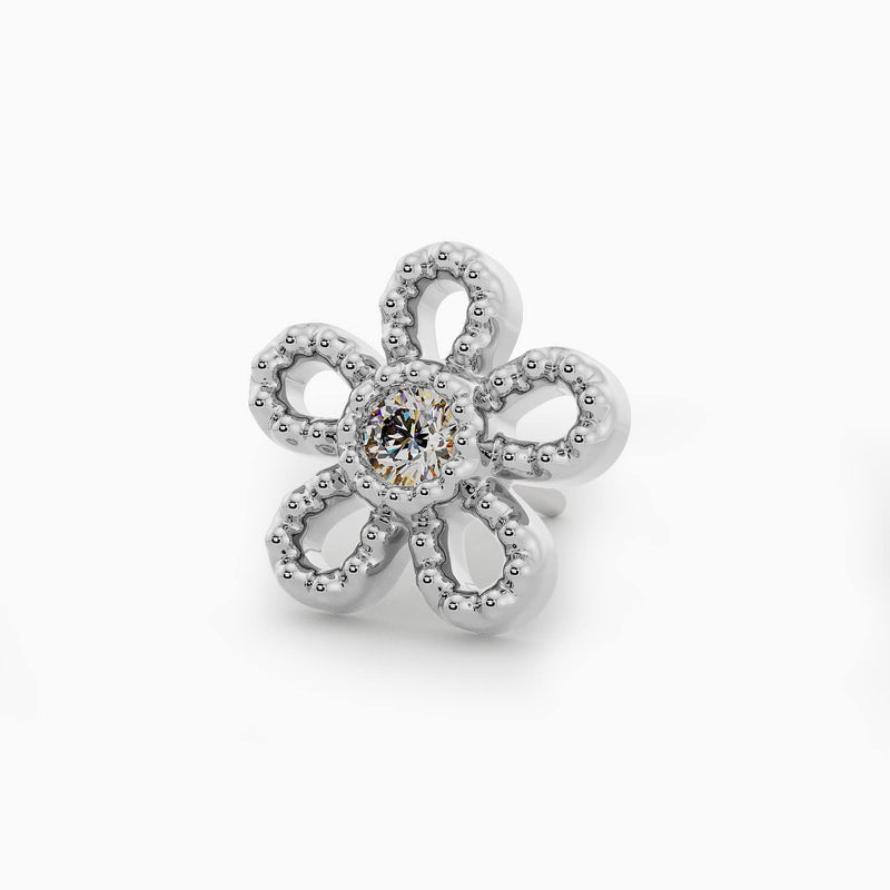 14k white gold daisy milgrain threadless end with diamond center, angled front view
