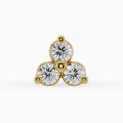 Close-up front view of 14k yellow gold trinity diamond nose ring showing three prong-set round diamonds