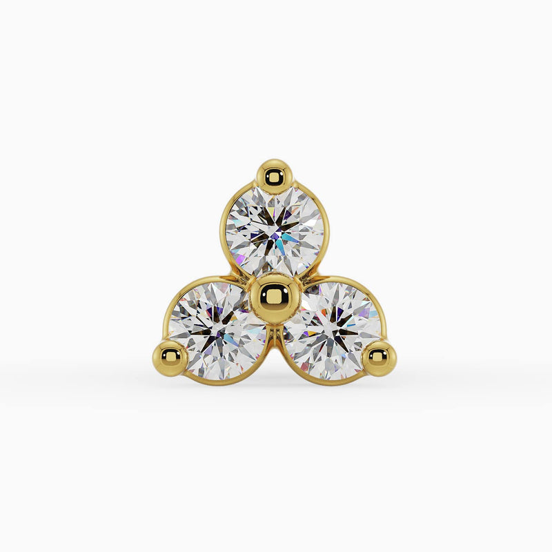 Close-up front view of 14k yellow gold trinity diamond nose ring showing three prong-set round diamonds
