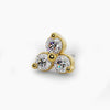 14k yellow gold trinity diamond threadless stud end, angled view showing three-stone cluster setting
