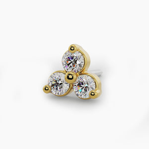 14k yellow gold trinity diamond threadless stud end, angled view showing three-stone cluster setting