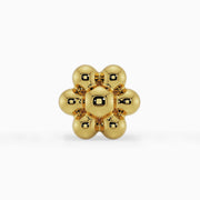 14k yellow gold flower threadless piercing end, straight-on front view of polished bubble petals