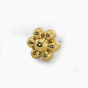 14k yellow gold flower threadless end, angled view showing polished bubble petals and pin post