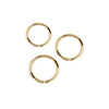 14k yellow gold 20G seam ring set of three showing all sizes: 3/16, 1/4, and 5/16 inch