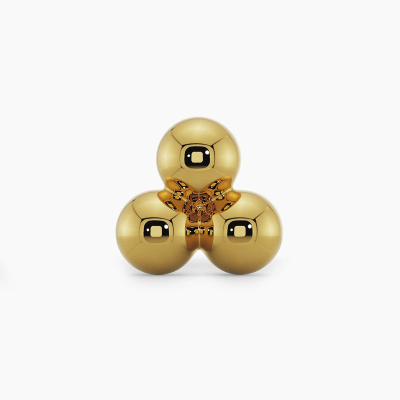 14k yellow gold trinity bead cluster threadless end, straight-on front view showing three polished gold spheres
