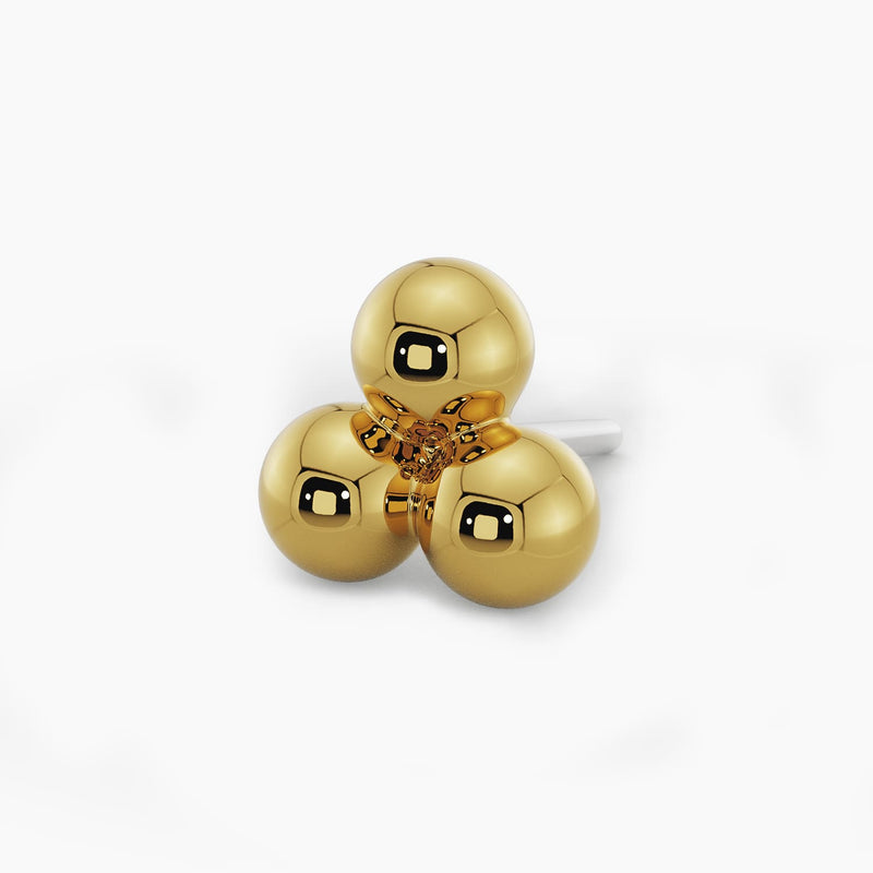 14k yellow gold trinity bead cluster threadless end, angled view showing polished three-bead design with pin post