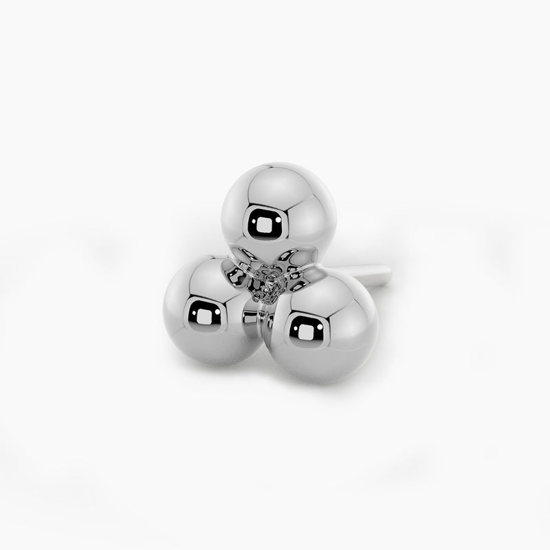 14k white gold trinity bead cluster threadless end, angled view showing high-polish silver-toned three-bead design