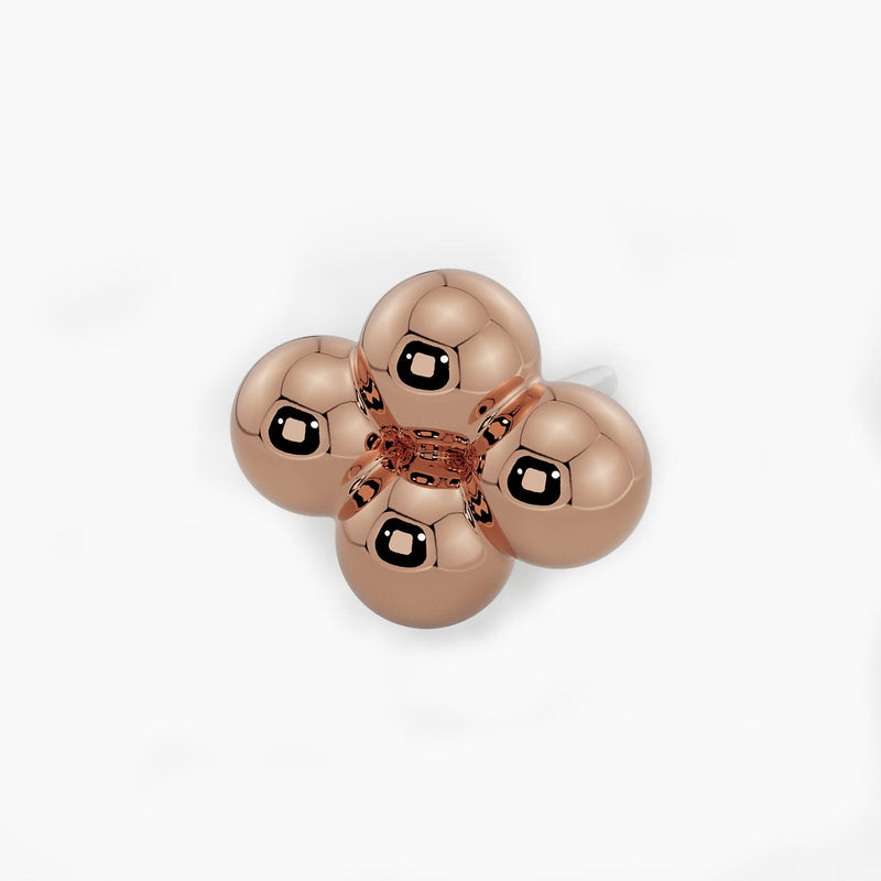 14k rose gold quad bead cluster threadless end, angled top view showing four warm-toned polished spheres