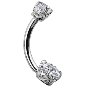 14k white gold diamond filigree belly ring with dual VS1 diamonds in scrollwork settings, side view