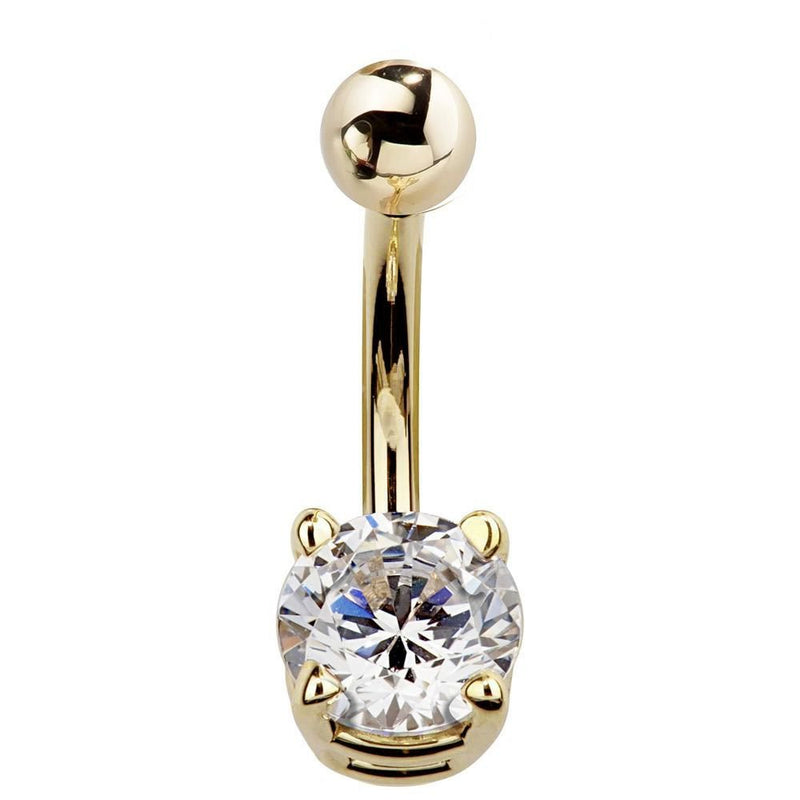 14k yellow gold solitaire diamond navel ring with four-prong setting and ball top, front view