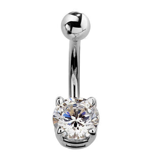14k white gold diamond solitaire navel ring with 5mm prong-set diamond, front view