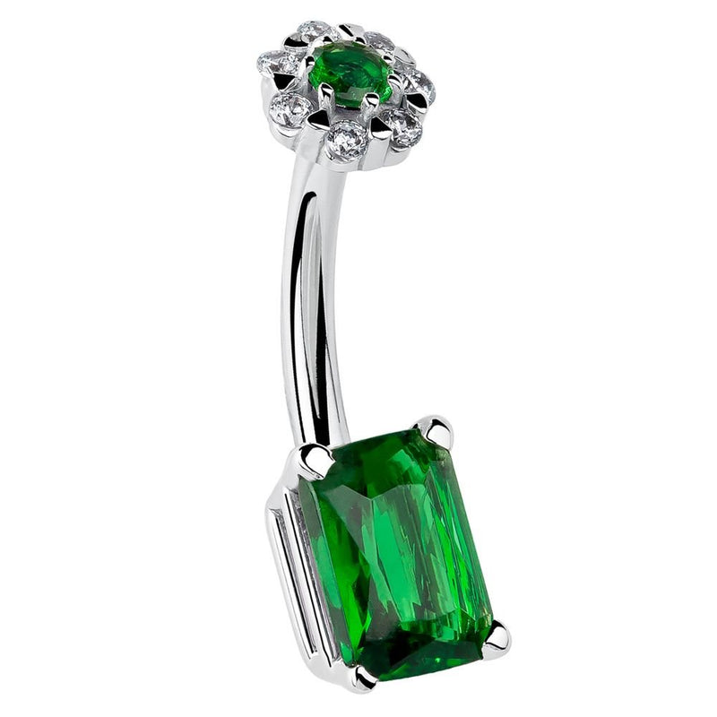 14k white gold belly ring with emerald cut green CZ and white CZ daisy flower cluster, angled view