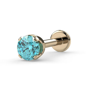14k yellow gold 2.5mm aqua diamond flat back labret stud, angled view showing prong setting and disc backing