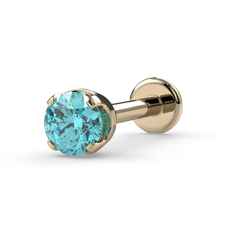 14k yellow gold 2.5mm aqua diamond flat back labret stud, angled view showing prong setting and disc backing