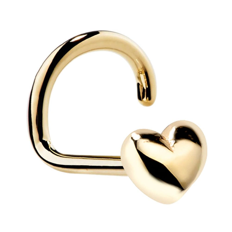 14k yellow gold puffy heart charm nose ring screw, polished finish, angled front view