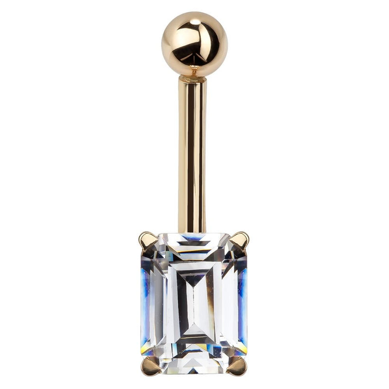 14k yellow gold belly ring with emerald-cut CZ in four-prong basket setting, front view