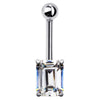 14k white gold belly button ring with emerald-cut CZ in four-prong setting, straight-on view
