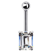 14k white gold belly button ring with emerald-cut CZ in four-prong setting, straight-on view