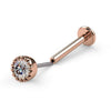 14k rose gold 2.5mm diamond perlage threadless flat back labret, angled view showing push-pin post