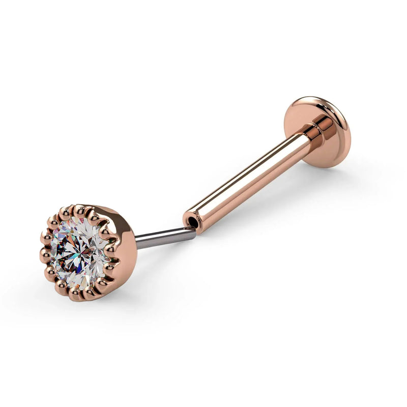 14k rose gold 2.5mm diamond perlage threadless flat back labret, angled view showing push-pin post