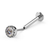 14k white gold 2.5mm diamond perlage flat back labret stud, angled view showing perlage bezel setting