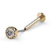 14k yellow gold 2.5mm diamond perlage threadless flat back labret, angled view showing push-pin post