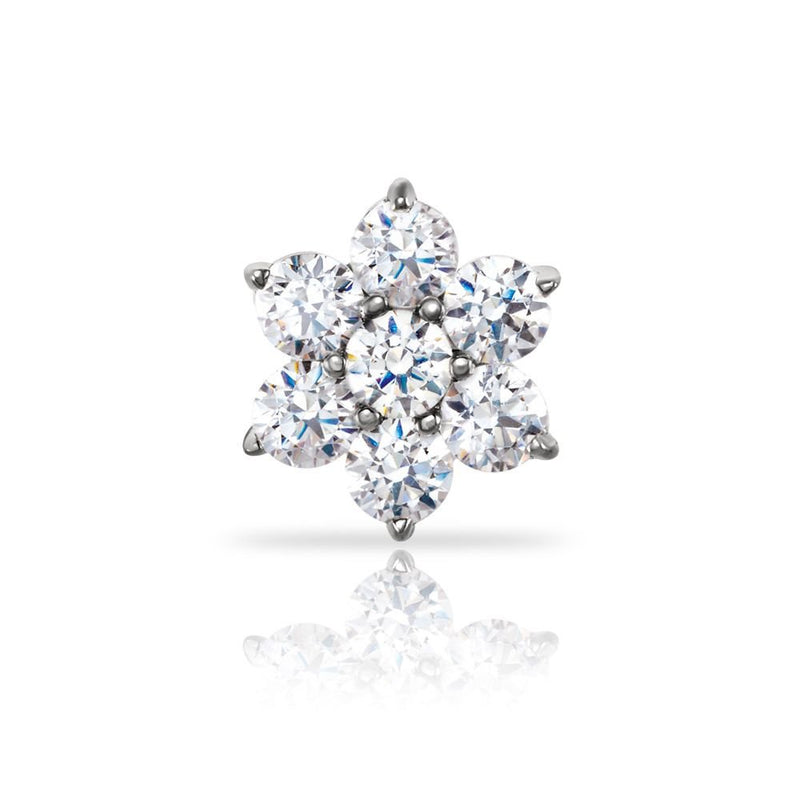 14k white gold diamond flower flat back labret top, front view showing seven brilliant-cut diamonds