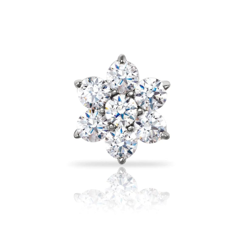 14K white gold diamond flower threadless stud end, seven-diamond cluster front view on white background