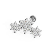 14k white gold triple flower flat back labret stud, angled view showing post and round-cut CZ stones
