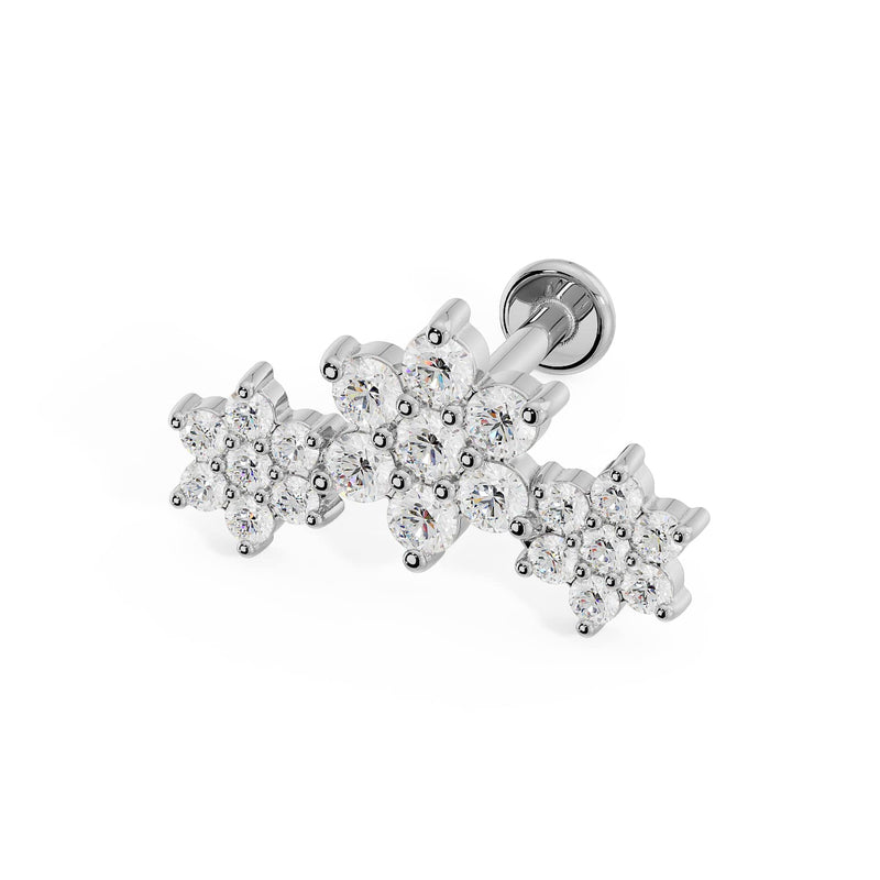 14k white gold triple flower flat back labret stud, angled view showing post and round-cut CZ stones