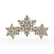 14k yellow gold triple flower flat back stud, straight-on front view showing three CZ floral clusters