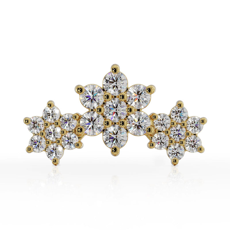 14k yellow gold triple flower flat back stud, straight-on front view showing three CZ floral clusters