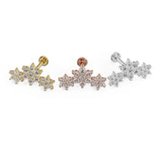 Triple flower flat back stud in yellow gold, rose gold, and white gold shown front-facing for color comparison