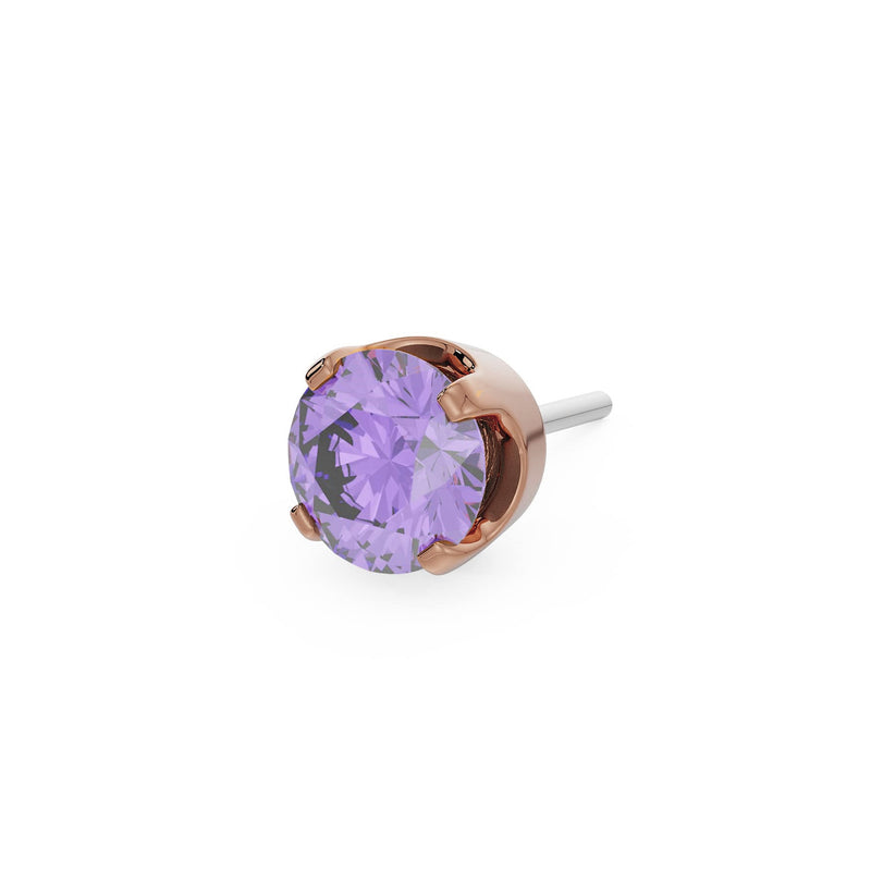 14k rose gold 2mm amethyst solitaire threadless piercing stud end, angled side view
