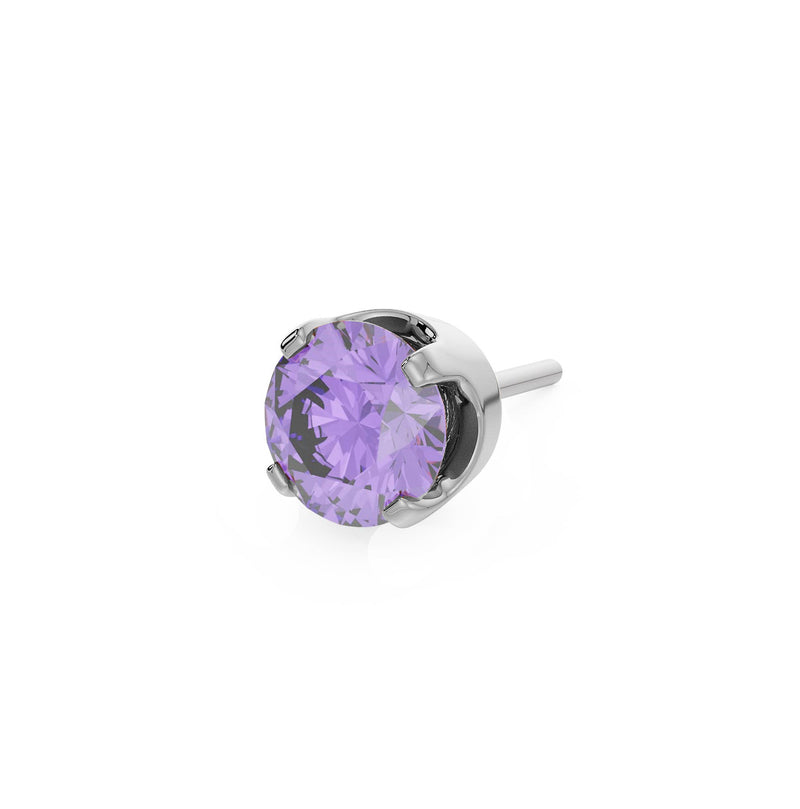 14k white gold 2mm amethyst solitaire threadless piercing stud end, angled side view
