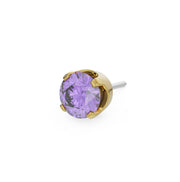 14k yellow gold 2mm amethyst solitaire threadless piercing stud end, angled side view