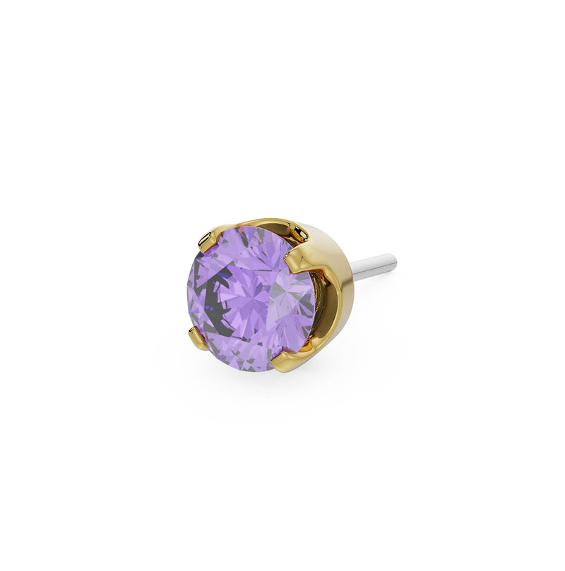 14k yellow gold 2mm amethyst solitaire threadless piercing stud end, angled side view