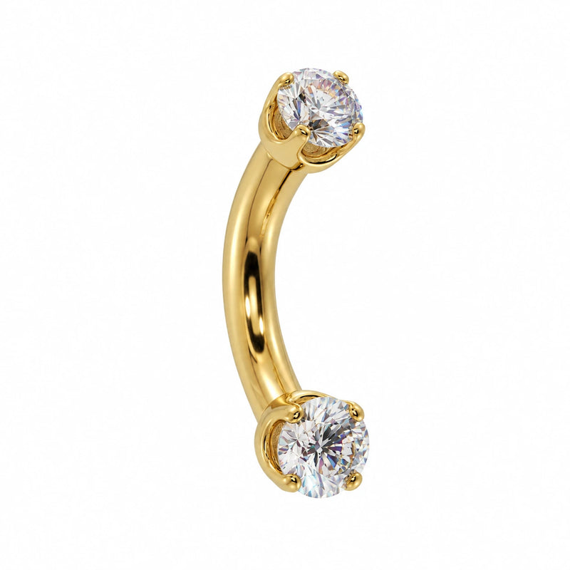 Side view of 14k gold curved barbell with 2mm clear stones