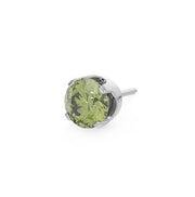 14k white gold 2mm peridot solitaire threadless piercing stud end, angled side view